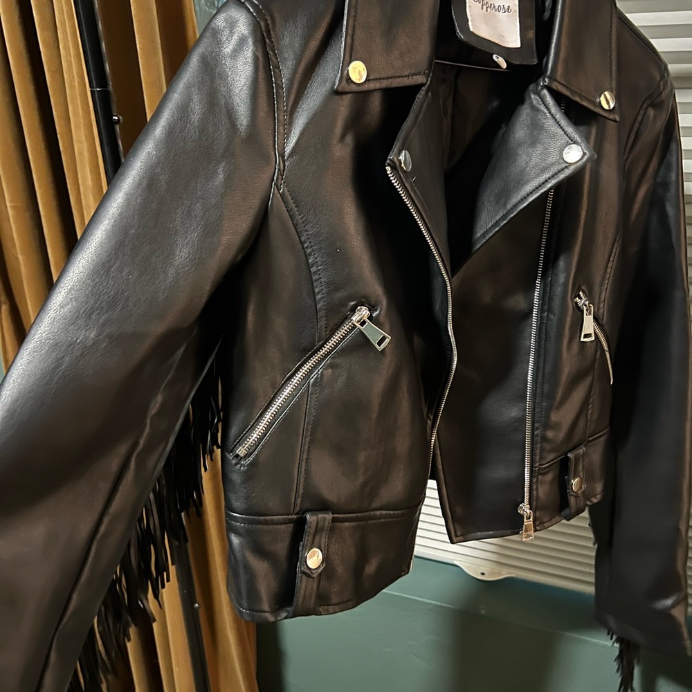 Black Leather Jacket with Frill Detailing
